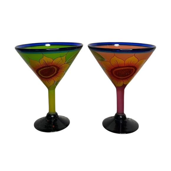 Vtg Hand Painted Blown Sunflower Margarita Martini Glass Cobalt Blue Set of 2